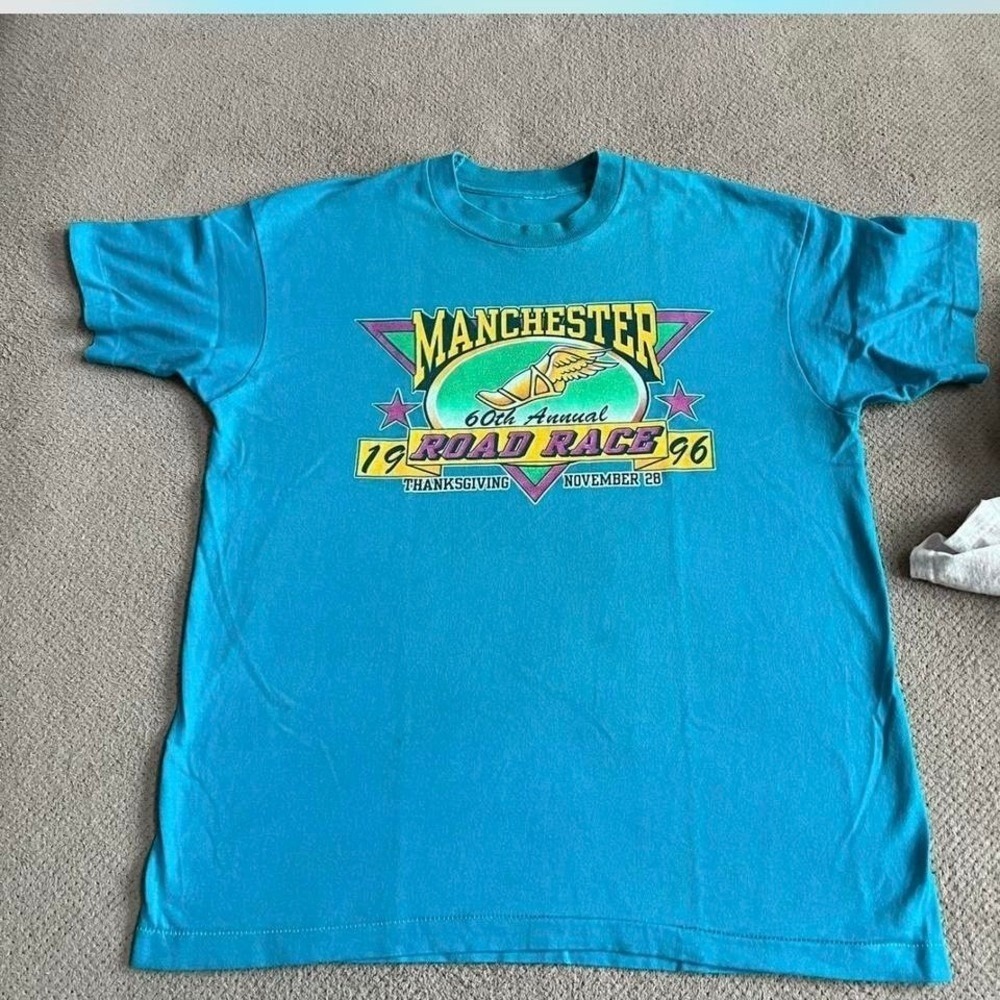 Vintage 1996 Manchester 60th Annual Road Race T-Shirt Teal Blue Large 90s Tee